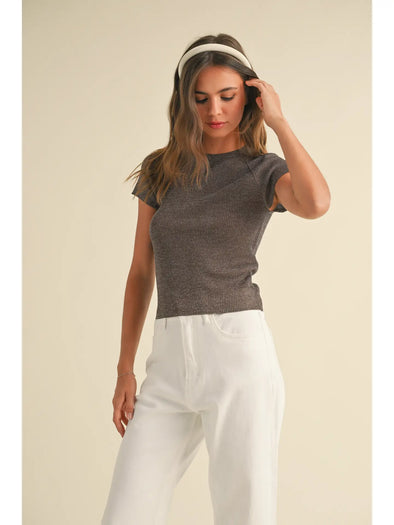 Metallic Ribbed Top in Coffee