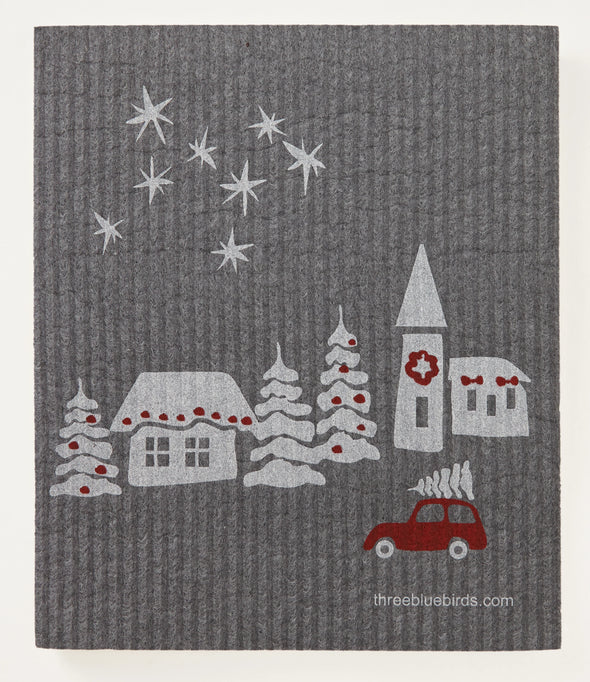 Christmas Village on Graphite Swedish Dishcloth