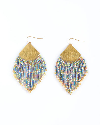 Beaded Handwoven Confetti Fringe Earrings in Blue/Green