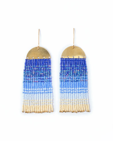 Beaded Handwoven Ombre Fringe Earrings in Blue