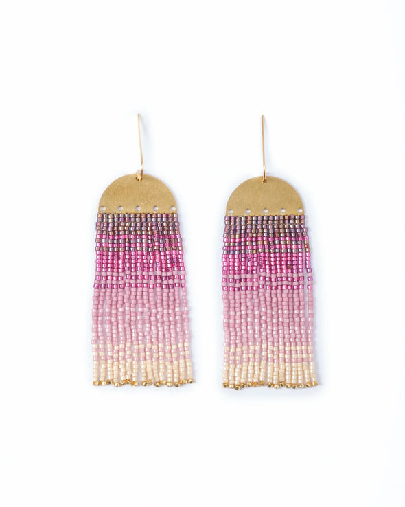 Beaded Handwoven Ombre Fringe Earrings in Pink