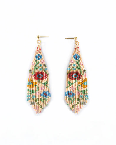 Beaded Handwoven Wildflower Fringe Earrings in Tan