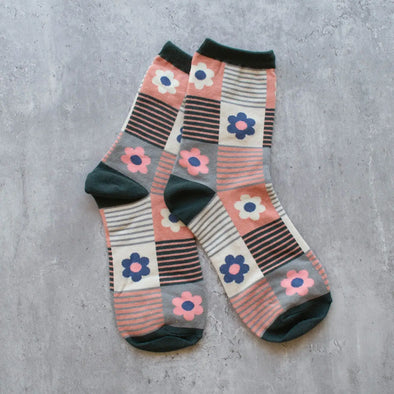 Daisy Stripe Socks in Teal/Coral