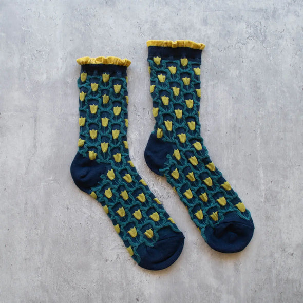 Romantic Floral Socks in Navy/Yellow