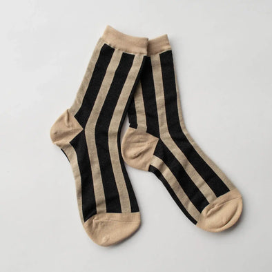 Glitter Vertical Striped Crew Socks in Taupe/Black