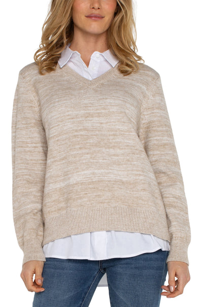 Long Sleeve Collared Sweater in Oatmeal Melange