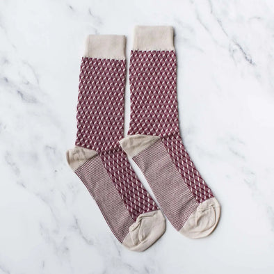 Men's Square Jacquard Beige/Burgundy Socks