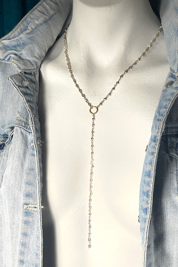 Gwyneth Pyrite Y Rosary Matinee Necklace in Gold