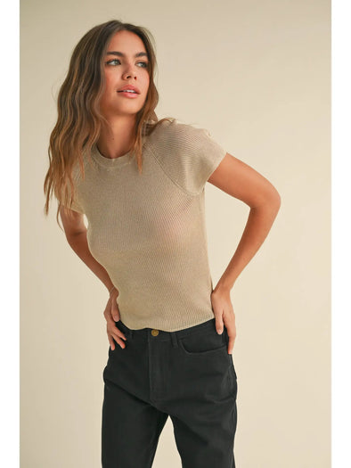 Metallic Ribbed Top in Beige