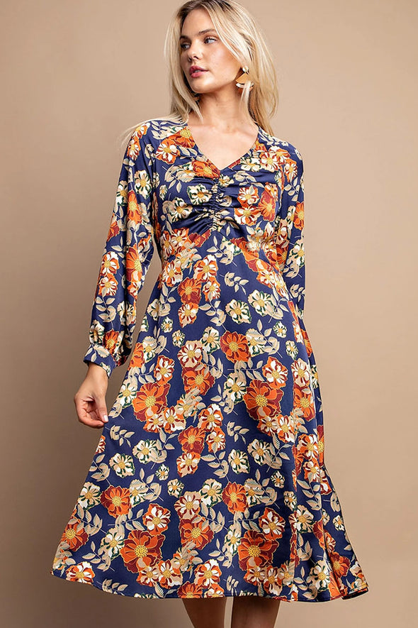 Floral Printed Ruched Front Midi Dress in Navy