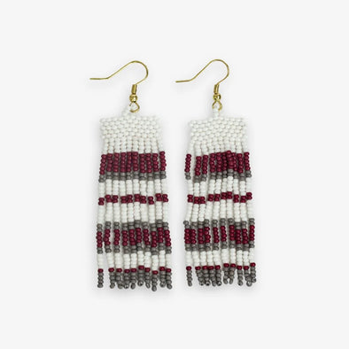 Adaline Game Day Horizontal Stripes Beaded Fringe Earrings Dark Red and Gray