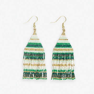 Lexie Horizontal Stripes Beaded Fringe Earrings Mixed Greens