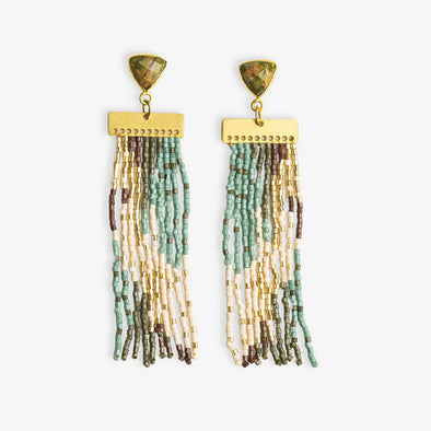 Lilah Semi-Precious Stone Post With Organic Shapes Beaded Fringe Earrings Safari