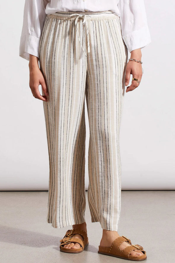 Linen Blend Striped Flowy Pants in French Oak