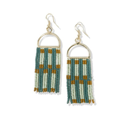 Green Mint Citron Check Stripe On Arch Fringe Seed Bead Earrings